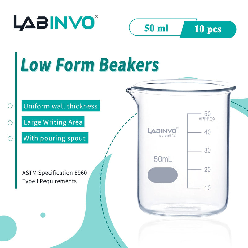 LABINVO Low Form Graduated Glass Beaker, 10pcs of Vol.50ml, 3.3 Borosilicate Glass, IN-BKL50 10 PCS of 50 mL