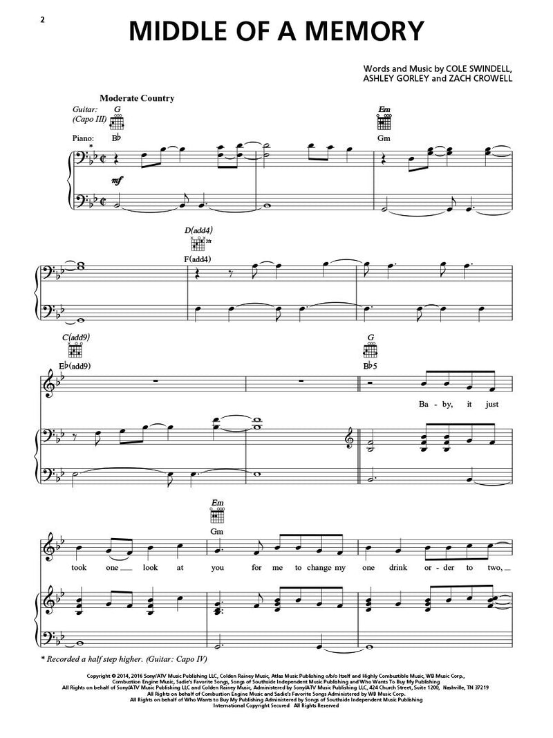 Cole Swindell - Middle of a Memory - Sheet Music Single