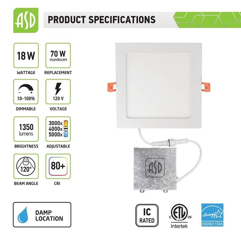 ASD 8 Inch Ultra-Thin LED Recessed Ceiling Light with J-Box, Dimmable Square Panel Downlight 18W 1350Lm, Color Temperature Selectable 3000K-4000K-5000K White Finish, IC Rated ETL Energy Star 1-Pack