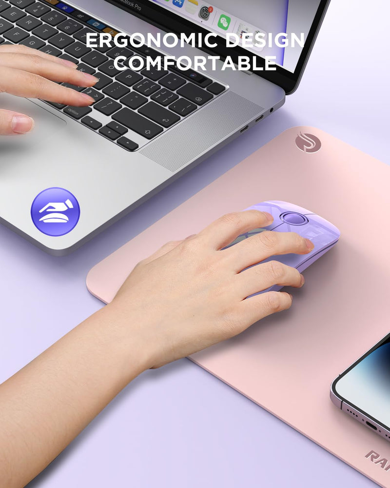 [AUSTRALIA] - RAPIQUE Wireless Bluetooth Mouse - (BT5.1+USB) Slim Dual Mode MacBook Mice with Quiet Click, Long Battery Life, and 1600 DPI High-Precision Optical Tracking for Laptop/iMac/iPad Pro/Computer (Purple) Purple 