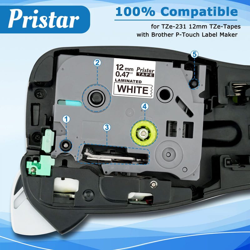 Compatible Label Tape for Brother TZe-231 Tape 12mm 0.47 Laminated White Tz231 Tz-231 TZe231 Tz Tape for Brother P-Touch 2040 D210 H100 D410 D400 D220, 5-Pack, by Pristar