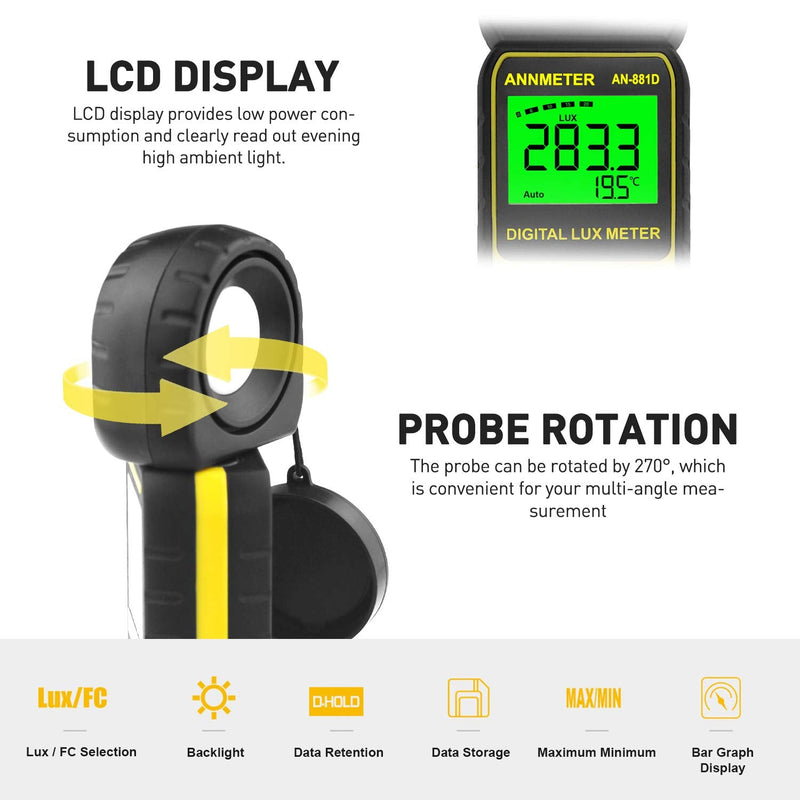 [AUSTRALIA] - ANNMETER AN-881D Digital Illuminance Meter, Lux Meter with 0.01-400,000 Lux (0.01-40,000 FC) Foot Candle Measuring Ranges, Light Meter for Plants, Par Meter with 270°Rotatable Detector AI-881D Illuminance Meter Range 0.1~400,000Lux 
