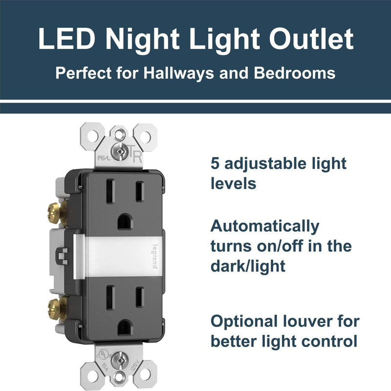 Legrand radiant Adjustable LED Night Light Outlet, Nightlight Electrical Outlets, Tamper Resistant, Safe for Kids, Black, NTL885TRBKCC6