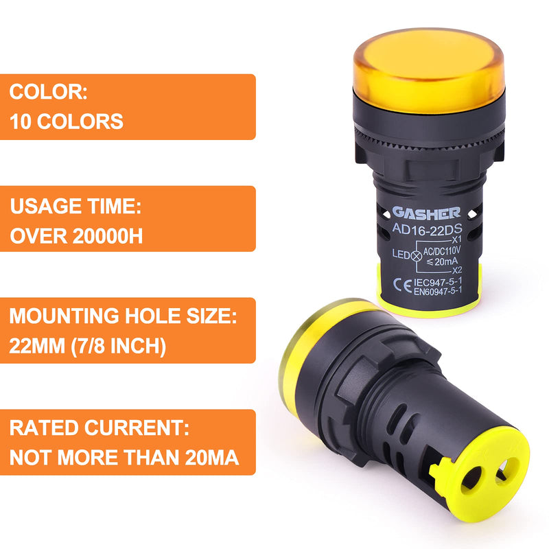 GASHER 12V/24V/110V 20mA Energy Saving Indicator Light Mounting Hole Size 22mm (7/8 Inch) Yellow 10 Pcs 110V