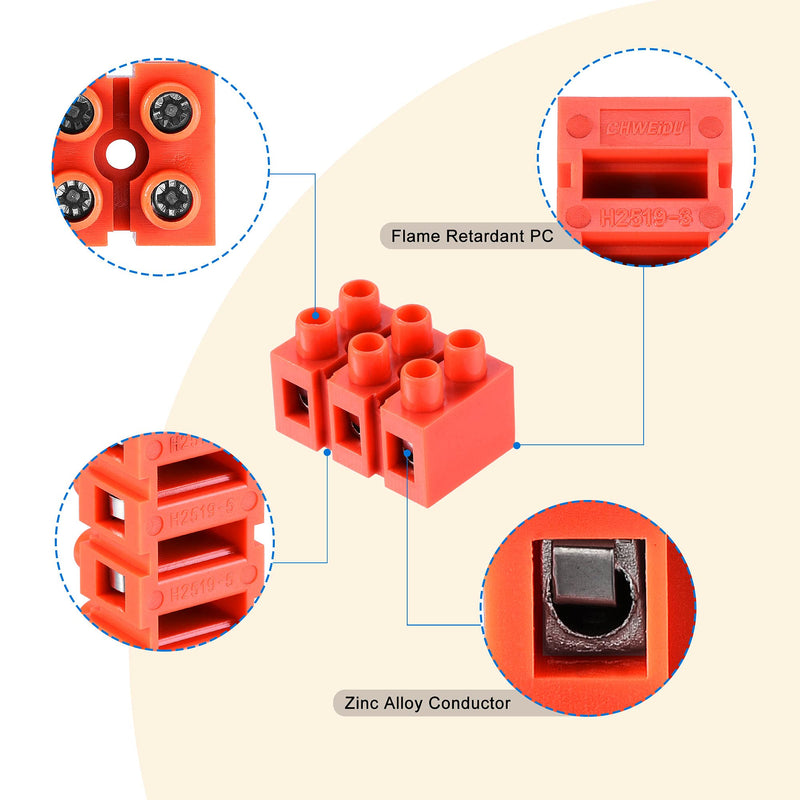 MECCANIXITY Terminal Block 600 Volts 36 amps Dual Row 3 Positions Screw Terminal Electric Barrier Strip 7 Pcs