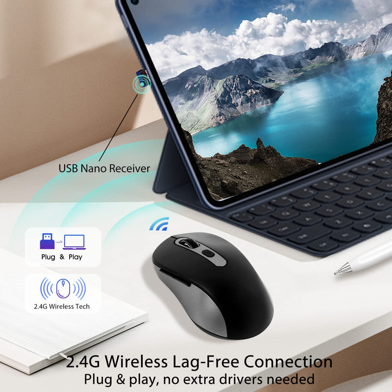Wireless Mouse for Laptop, PC, Chromebook, Mac, MacBook, Silent Wireless Mouse with USB Nano Receiver, Side Button, 2400 DPI, Anti Slip Roller, 6 Button Ergonomics Cordless Computer Mice - Black Gray AT258-Black & Grey