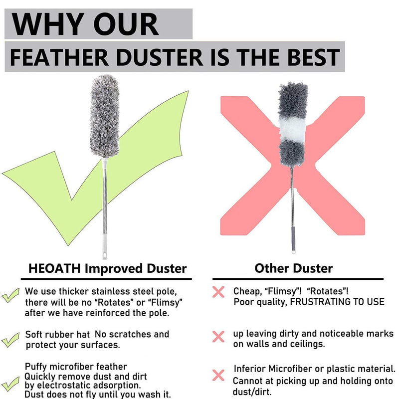 HEOATH Microfiber Feather Duster with Extendable Pole, 30-100 inches Extra Long Cobweb Duster for Cleaning, Bendable Head, Non-Scratch, Washable Duster for Ceiling, Fan, Furniture 100 Inch
