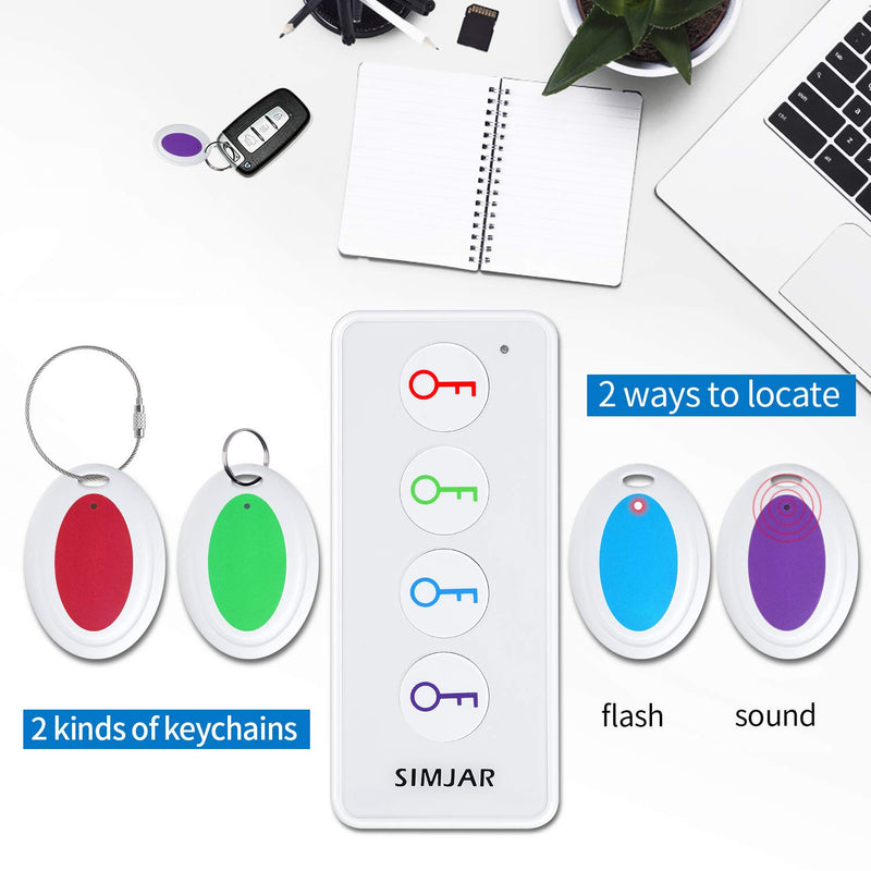 Key Finder with Extra 4 Long Chains, Simjar Wireless Remote Control RF Key Finder Locator for Keys Wallet Phone Glasses Luggage Pet Tracker, White