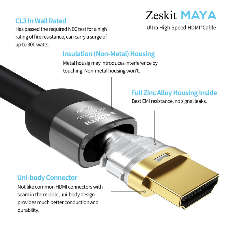 Zeskit Maya 8K 48Gbps Certified Ultra High Speed HDMI Cable 13ft CL3 In Wall Rated, 4K120 8K60 eARC HDR HDCP 2.2 2.3 Compatible with Dolby Vision Apple TV 4K Roku Sony LG Samsung Xbox Series X PS4 PS5 4m/13ft