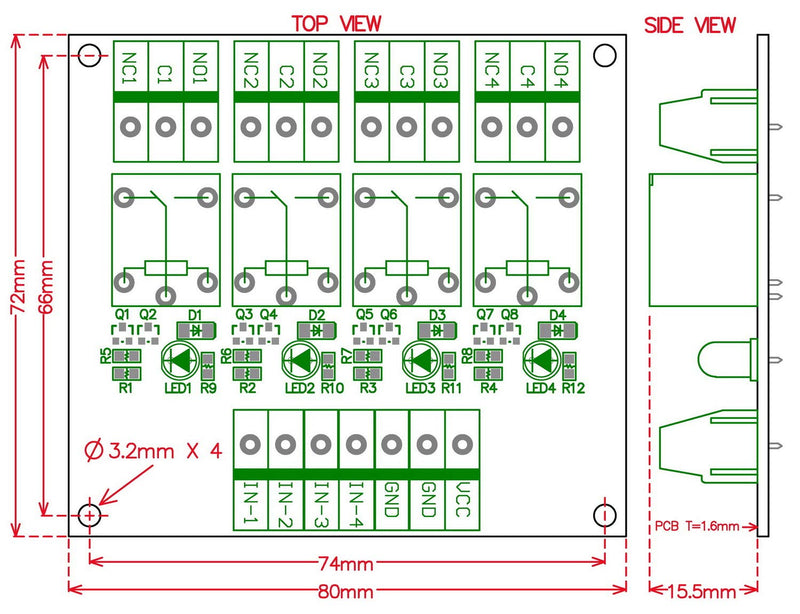 Electronics-Salon 4 SPDT 10Amp Power Relay Module, DC 5V Version.