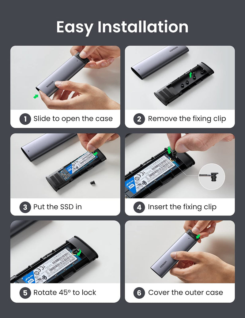 UGREEN M.2 NVMe SSD Enclosure Adapter Aluminum 10 Gbps USB C 3.1 Gen 2 to NVMe PCIe M-Key Solid State Drive External Enclosure Compatible with MacBook Pro WD Samsung Toshiba 2230 2242 2260 2280