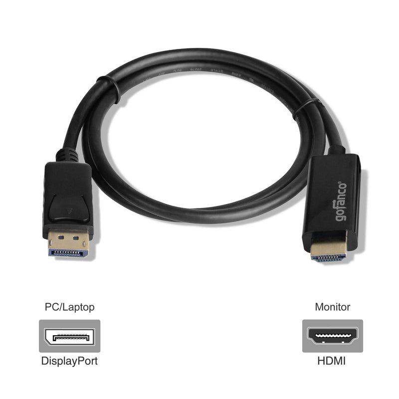 DP to HDMI, gofanco Gold Plated 3 Feet DisplayPort to HDMI Cable Adapter for DisplayPort-Equipped Systems to Connect to HDMI HDTVs or Monitors (DPHDMI3F) 1080P