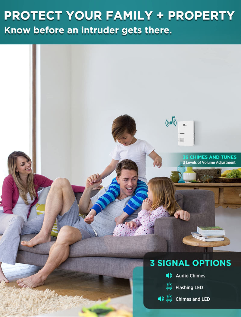 Driveway Alarm, 1byone Home Security Alert System with 36 Melodies, 1 Plug-in Receiver and 2 Weatherproof PIR Motion Detector, 1000ft Wireless Transmission Range and 24ft PIR Detection Range One Receiver Two Sensors