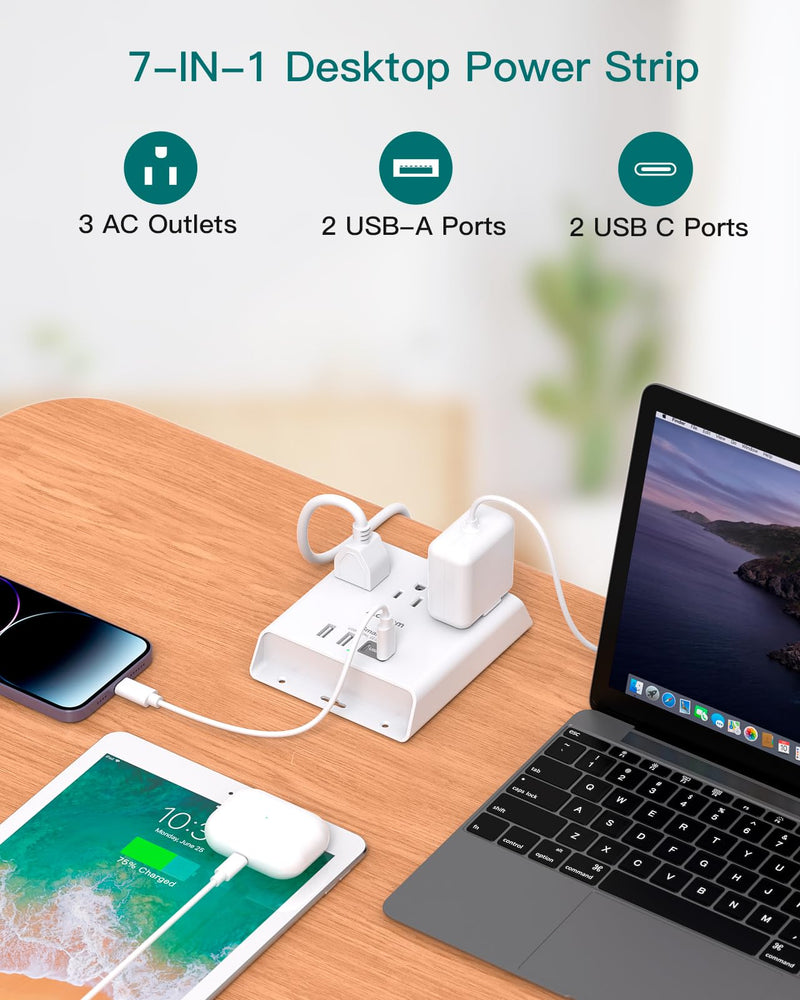 Power Strip with USB C - Extension Cord with 3 Outlets 4 USB Ports (22.5W/4.5A), 5ft, Addtam Flat Plug Desktop Charging Station, Non Surge Protector for Cruise Ship, Dorm Room Office Home Essentials 5 FT
