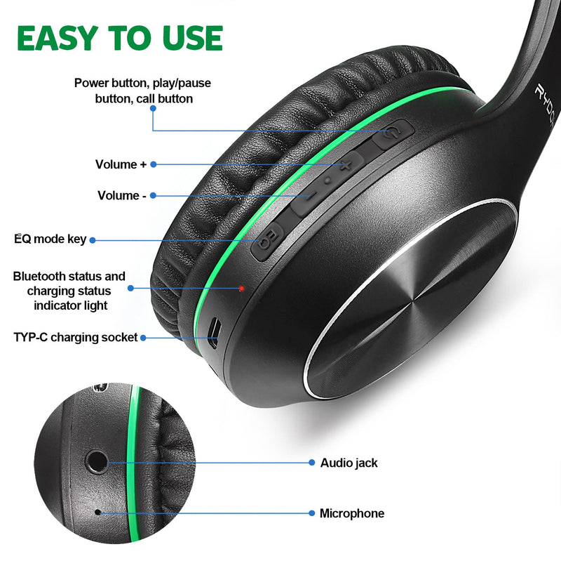 [AUSTRALIA] - Rydohi Bluetooth Headphones Over Ear, 68H Playtime and 3 EQ Music Modes Wireless Headphones with Microphone/Deep Bass, HiFi Stereo Foldable Lightweight Headset for PC Home Travel Office (Black Green) Black Green 