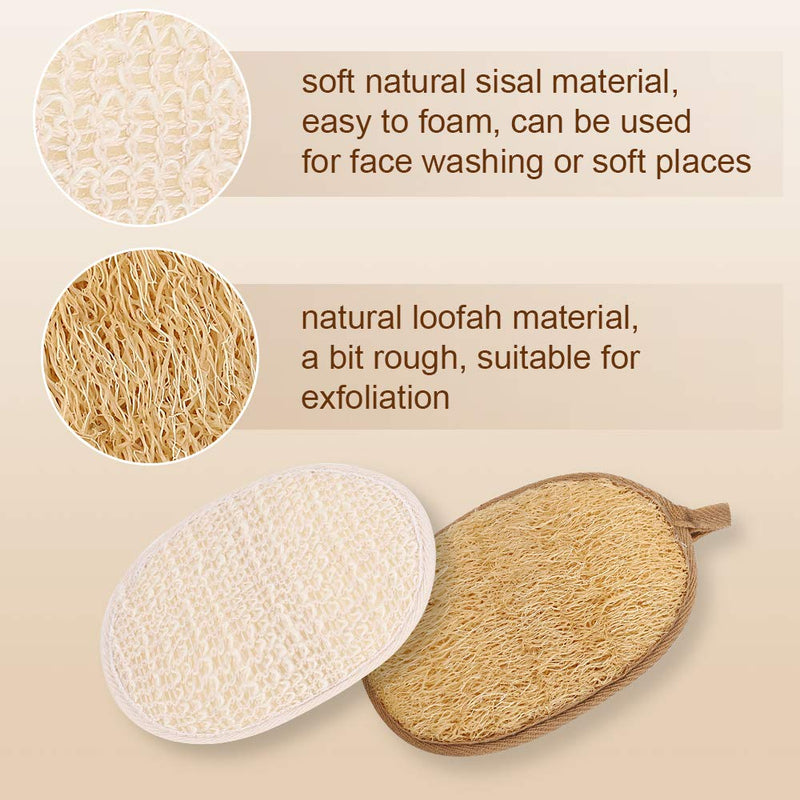 2 Pack Exfoliating Loofah Pads, 1 Pack Natural Sisal Soap Bag and 1 Pack Sisal Bath Sponge Set, Eco Shower Tool with Hooks gift for Men and Women