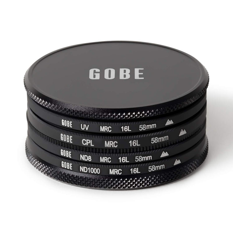 Gobe 58mm UV, Circular Polarizing (CPL), ND8, ND1000 Lens Filter Kit (2Peak)
