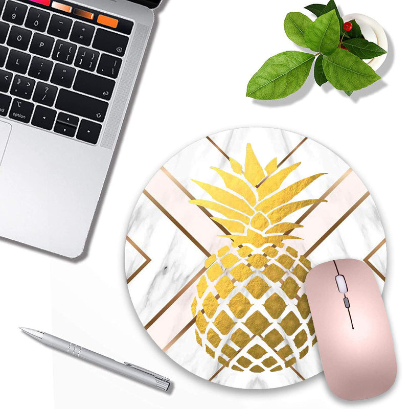 LACOMA Round Mouse Pad and Coasters Set, Gold Foil Pineapple White Marble Design Mouse Pad, Non-Slip Rubber Base Mouse Pads for Laptop and Computer, Cute Design Desk Accessories La-mp-09