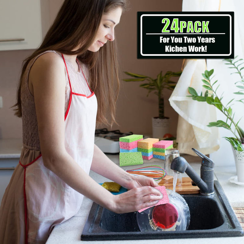 Compressed Cellulose Kitchen Sponges 24Pack,Non-Scratch Biodegradable Natural Sponge Scrub for Dishes Cleaning,Funny Colorful DIY Sponge for Kids Large(Pack of 24）