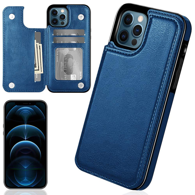 iPhone 12 Pro Case Wallet 3 Credit Cards Slot iPhone 12 Cases Cash Pocket Magnetic Closure PU Leather Cover ID Card Holder Soft TPU Bumper Folio Flip Phone Case for iPhone 12/12 Pro 6.1'' Blue