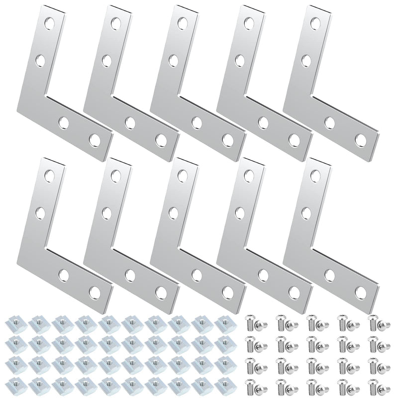 10Sets L Shape Connector, Aluminum Extrusion Connector Bracket Sets,40Pcs M5 T-Slot Sliding Nuts, 40Pcs M5x8mm Hex Socket Cap Screw Bolt,for 6mm Slot 2020 Series Aluminum Profile Extrusion