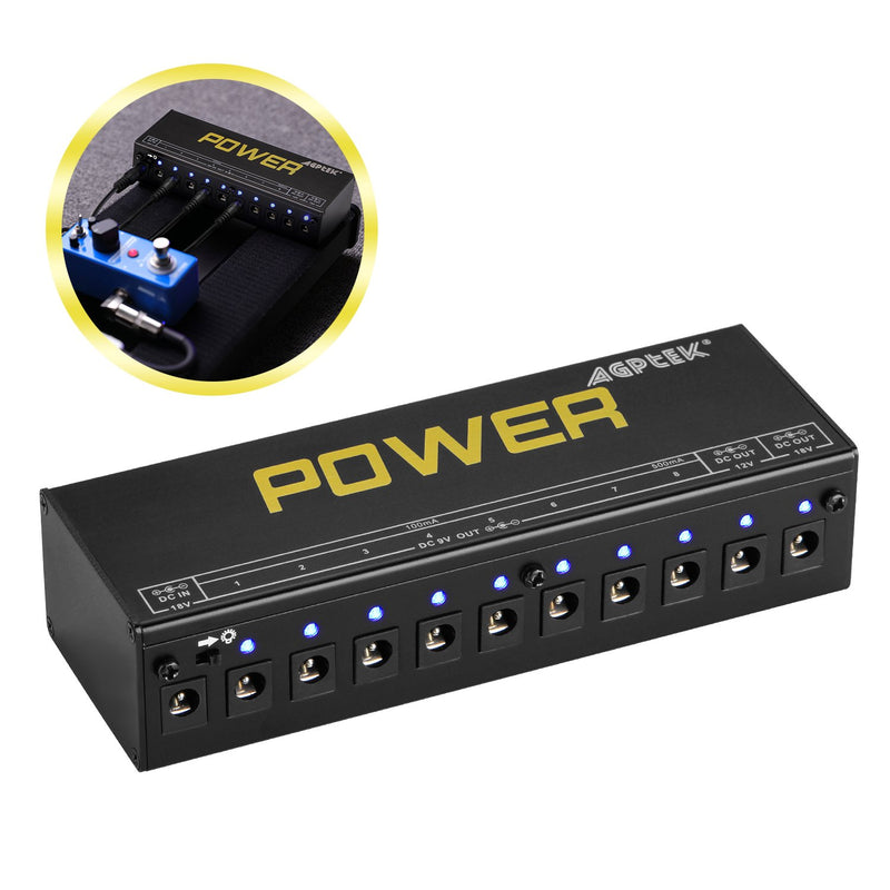 AGPTEK CP-05 Guitar Pedal Power Supply 10 Outputs Isolated for 9V, 12V, 18V Effects Pedals with Isolated Short Circuit, Over-current Protection (Black)