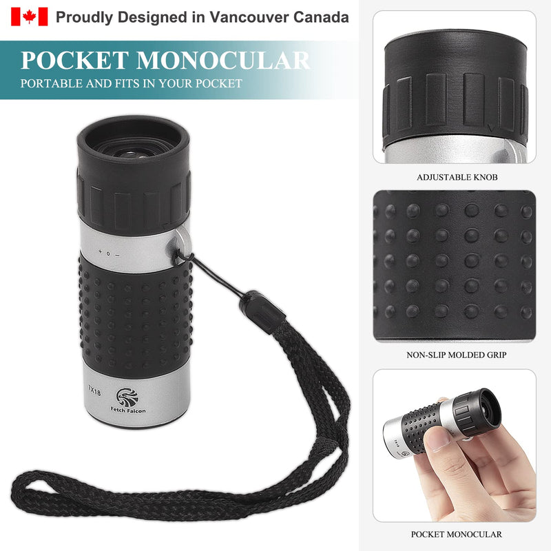 Fetch Falcon 7X18 HD FMC BAK4 Pocket Monocular (2023 Third Generation, High Powered Ultra Light Compact Monocular) Ideal Handheld Telescope for Adults and Kids (Silver) Silver