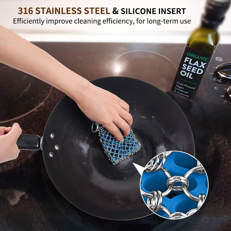 Cast Iron Chainmail Scrubber,Upgraded Iron Skillet Cleaner with Scouring Cloth,316 Stainless Steel Chain Scrub Metal Scraper Clean Care Accessories for Castiron Pan Griddle Frying Pan Wok (Blue) Blue