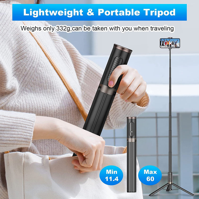 TONEOF 60" Cell Phone Selfie Stick Tripod,Smartphone Tripod Stand All-in-1 with Integrated Wireless Remote,Portable,Lightweight,Extendable Phone Tripod for 4''-7'' iPhone and Android (Black) Black