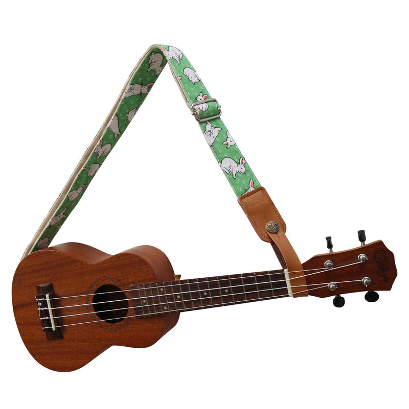 MUSIC FIRST Original Design Cute Cartoon “Little Bunny” Soft Cotton & Genuine Leather Ukulele Strap Ukulele Shoulder Strap With a MUSIC FIRST Genuine Leather Strap Locker