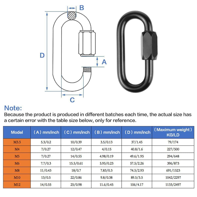 IEBUOBO 304 Threaded Quick Links Stainless Steel Black Screw Chain Links Chain Connectors D Ring Carabiner Clips M5 3/16 Inchs Oval Screw Lock Ring Clasp for Camping/Pet/Ceiling Lamp/Fitness
