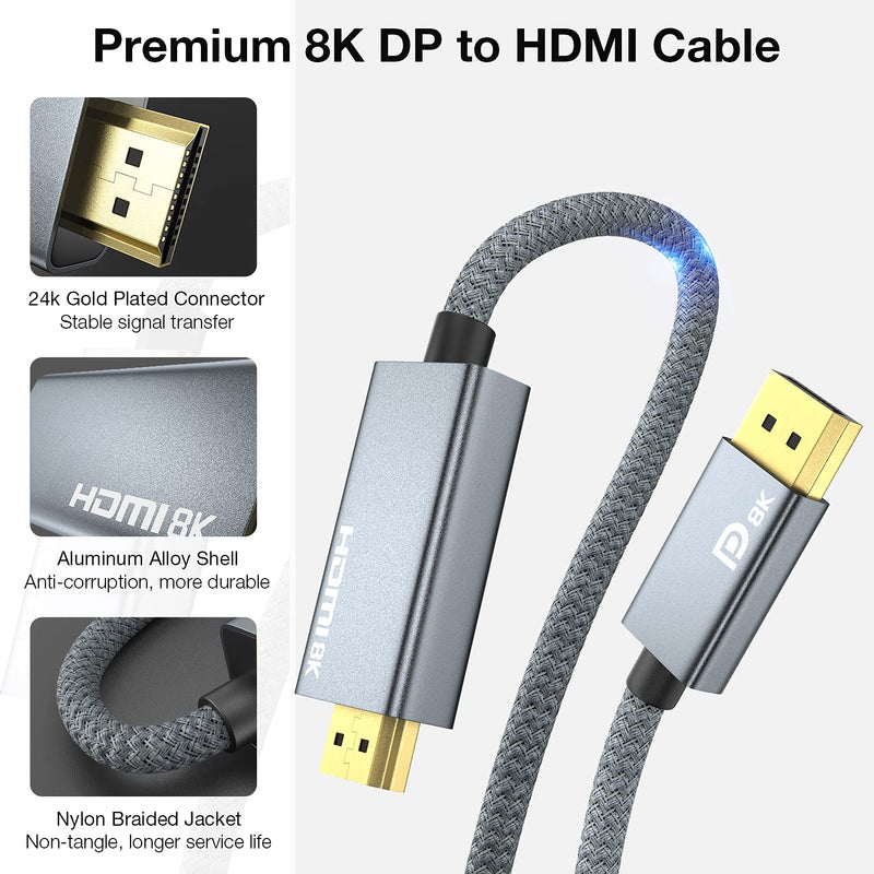 8K DisplayPort to HDMI Cable 6.6ft, ULT-WIIQ DP 1.4 to HDMI 2.1 Video Cable, Support 8K, 4K@120Hz/144Hz, 2K@240Hz, Dynamic HDR, Dolby Vision, HDCP 2.3, DSC 1.2a for PC, HP, DELL, AMD, NVIDIA Graphics 6.6 Feet