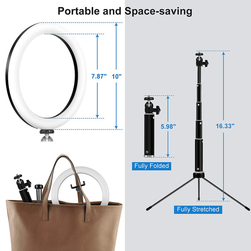 10" Selfie Ring Light with Tripod Stand and Phone Holder, Desktop Circle Light with Remote Shutter, Height Adjustable Ringlight for iPhone, TikTok, Makeup, Video Conference, Zoom Meeting
