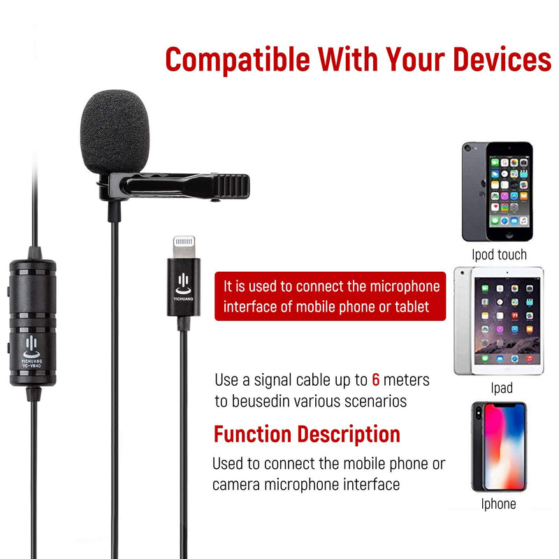 [AUSTRALIA] - Microphone kit for iPhone,Lavalier Lapel Microphone Speaker Omnidirectional Audio Video Recording for iPhone X Xr Xs Max 11 Pro 8 8plus 7 7plus 6 6plus/iPad-6M(19.6ft) 6M 