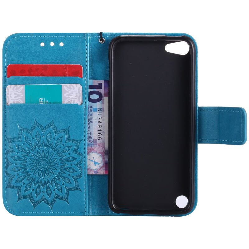 Cfrau Kickstand Wallet Case with Black Stylus for iPod Touch 5,Retro Mandala Sunflower PU Leather Magnetic Flip Folio Stand Soft Silicone Card Slots Case with Wrist Strap - Blue