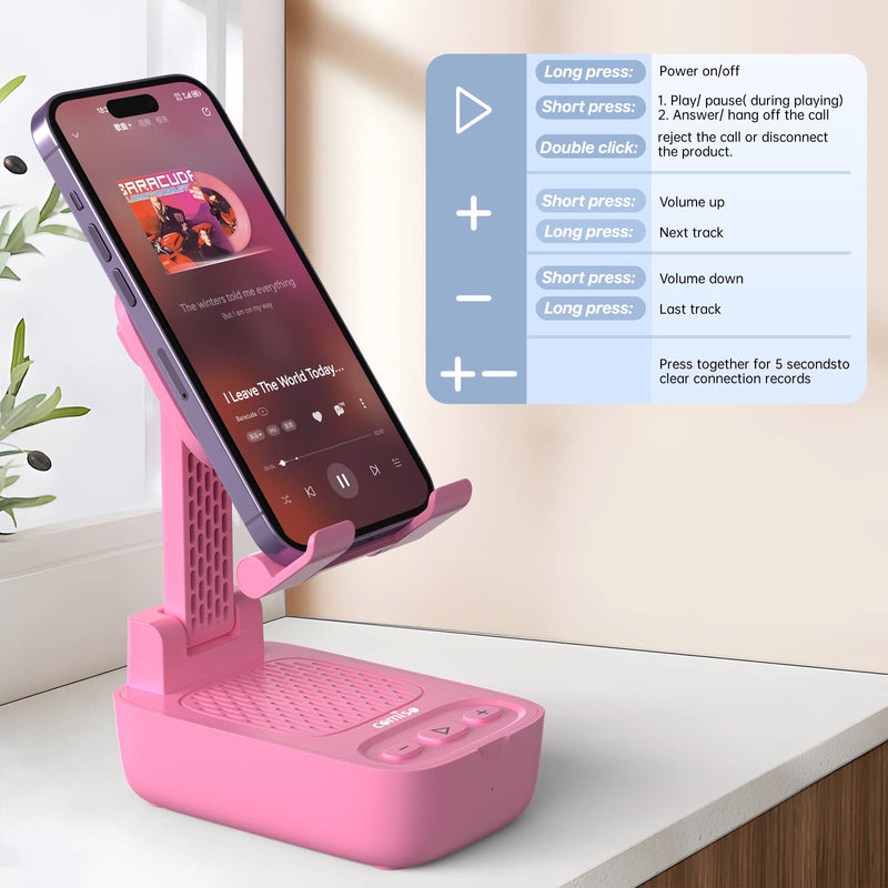 comiso Cell Phone Stand with Wireless Bluetooth Speaker, Punchy Bass & HD Stereo Sound Speaker for Home & Outdoors Compatible with iPhone/ipad/Samsung, Unique Ideal Gifts for Men Women-Pink Pink
