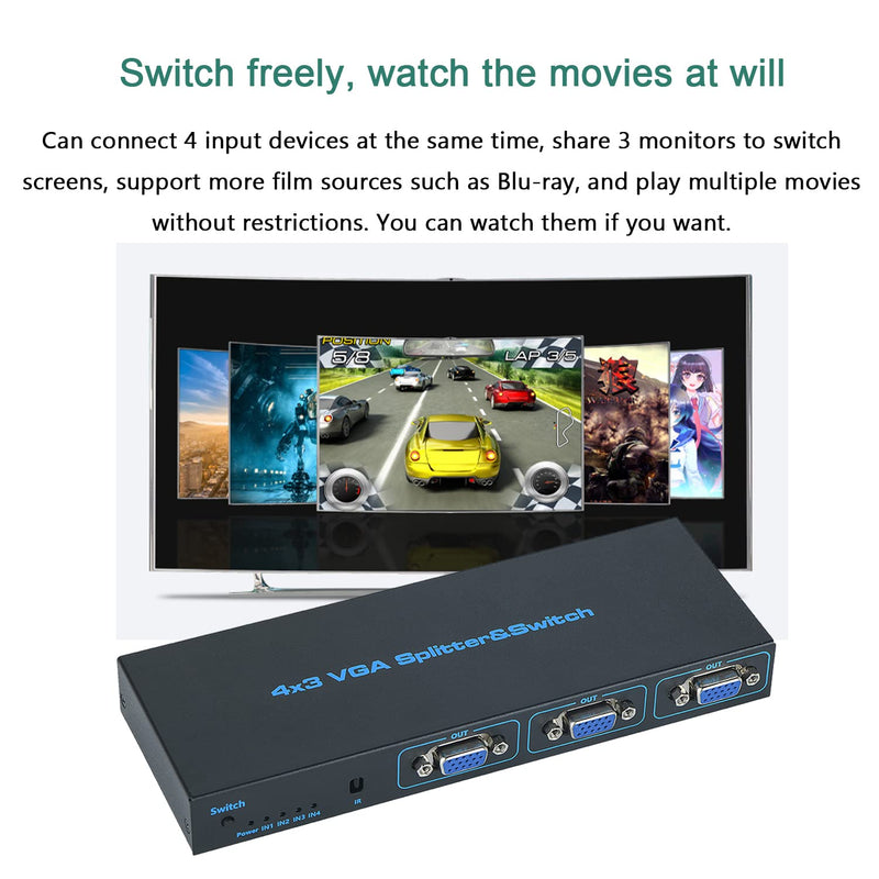 4x3 VGA Switch Video Selector Switcher Box, VGA Splitter 3 Out 350Mhz Video Distribution Duplicator for 3 Monitors Projector