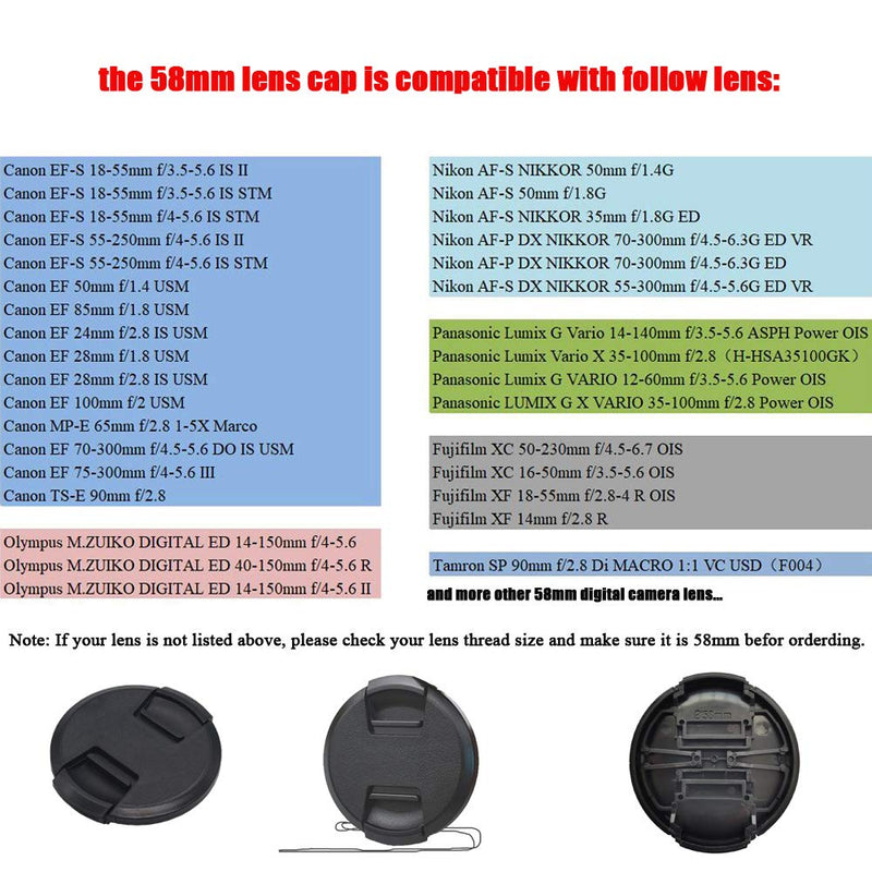 T8i 58mm Lens Cap for Canon EOS SL3 Rebel T8i(850D) Camera with EF-S 18-55mm Lens, for Fuji X-T4 X-T3 Camera with XF 18-55mm f/2.8-4 Lens, Fire Rock Second Generation Snap-On 58mm Lens Cap-2Packs