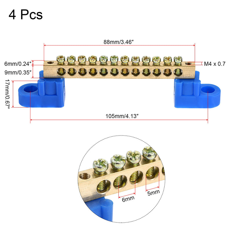 MECCANIXITY Terminal Ground Bar Screw Block Barrier Brass 12 Positions Blue for Electrical Distribution 4 Pcs