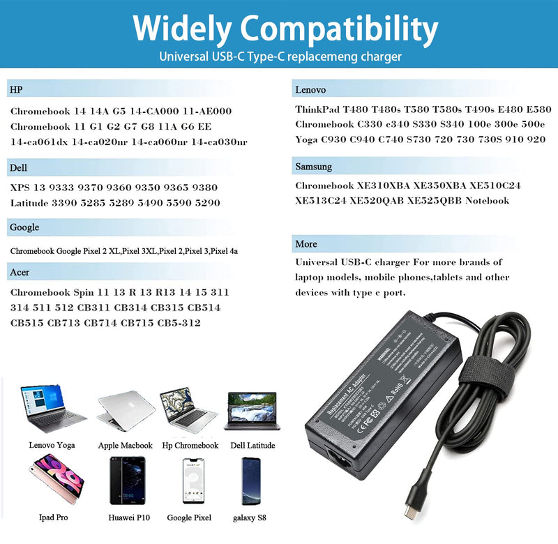 45W USB C Charger for HP Chromebook X360 14 14A 14C 15 11 14-ca000nr 14a-ca0090wm 14a-na0031wm 14-db0043wm 14-db0023dx 14c-ca0053dx 11a-na0036nr 15-de0518wm Google Chromebook Type C Power Supply