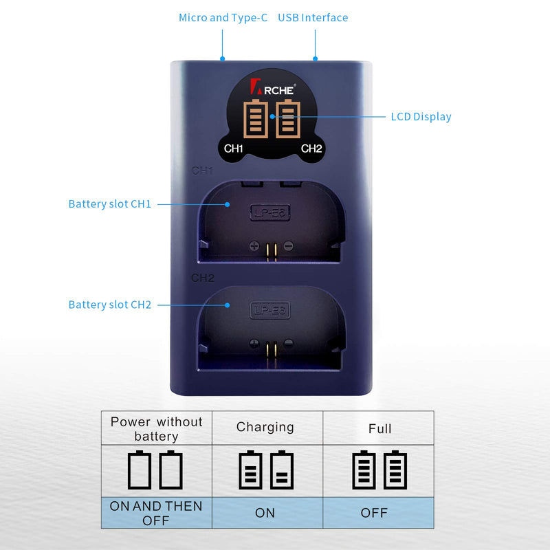 ARCHE LP-E6 LPE6 LP-E6N LPE6N Battery Charger Replacement Dual LCD USB Charger for Canon EOS 5D, 5D Mark II, 5D Mark3, 5D Mark IV, 6D, 70D, 60D, 60Da, 5DS, 6D Mark2, 7D Mark2, 80D Camera Battery