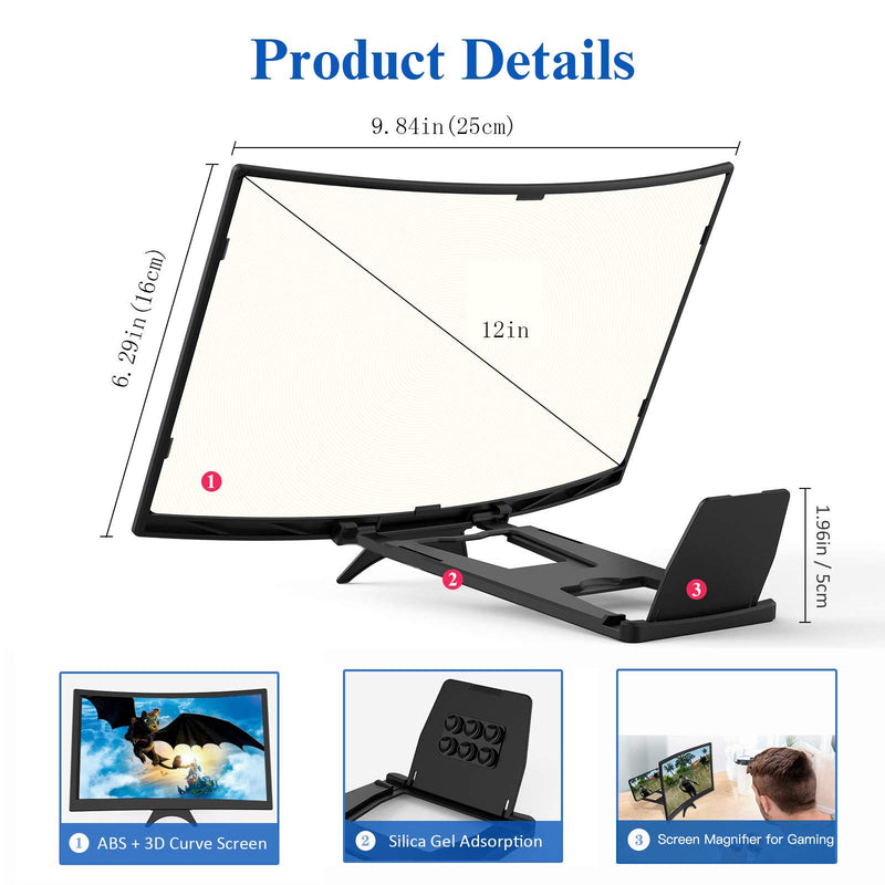 12" Curved Screen Magnifier for Cell Phone - 3D HD Magnifing Projector Screen Enlarger for Movies, Videos, Gaming, Foldable Phone Stand Holder with Screen Amplifier Supports All Smartphones