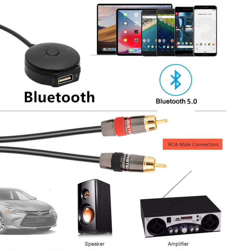 Bluetooth 2 RCA Aux Charing Adapter Aux Car Stereo Y Splitter Cable for IP Android Compatible with Infiniti Nissan Dodge Mazda KIA