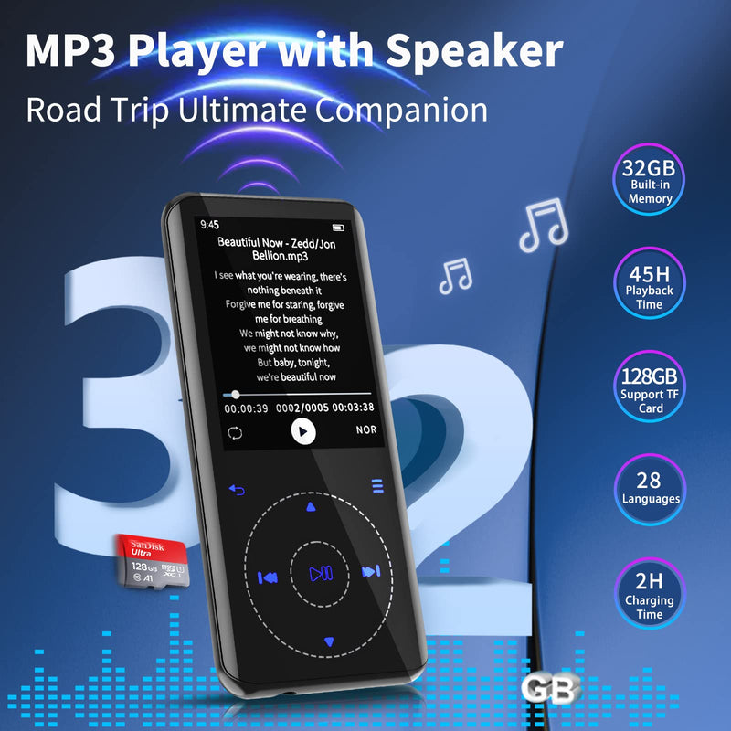RUIZU 32GB MP3 Player with Bluetooth: Portable Music Player with Speaker, FM Radio, Voice Recorder, HiFi Lossless Digital Audio Video Playback, 2.4" Curved Screen, Touch Buttons, Support up to 128GB