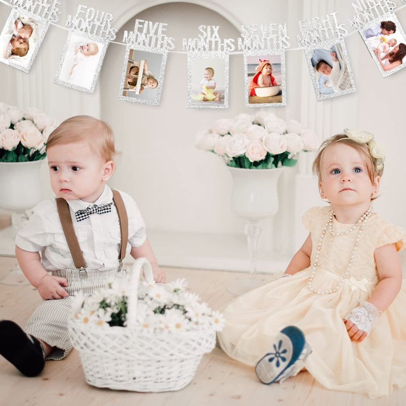 Whaline 1st Birthday Baby Photo Banner for Newborn to 12 Months, Monthly Milestone Photograph Bunting Garland, First Birthday Celebration Decoration (Silver) Silver