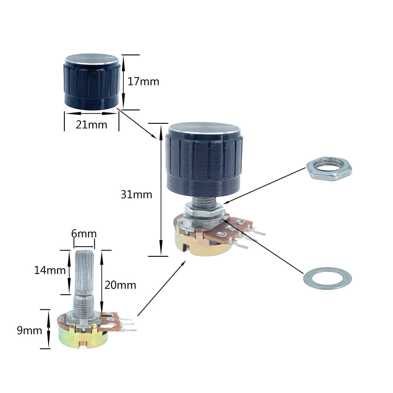 Cermant 10pcs Potentiometer B100K WH148 20 mm Shaft 3 Terminal Single Linear Potentiometer for Arduino Single Joint Taper Rotary Potentiometers with 10pcs Aluminum Alloy knob Cap