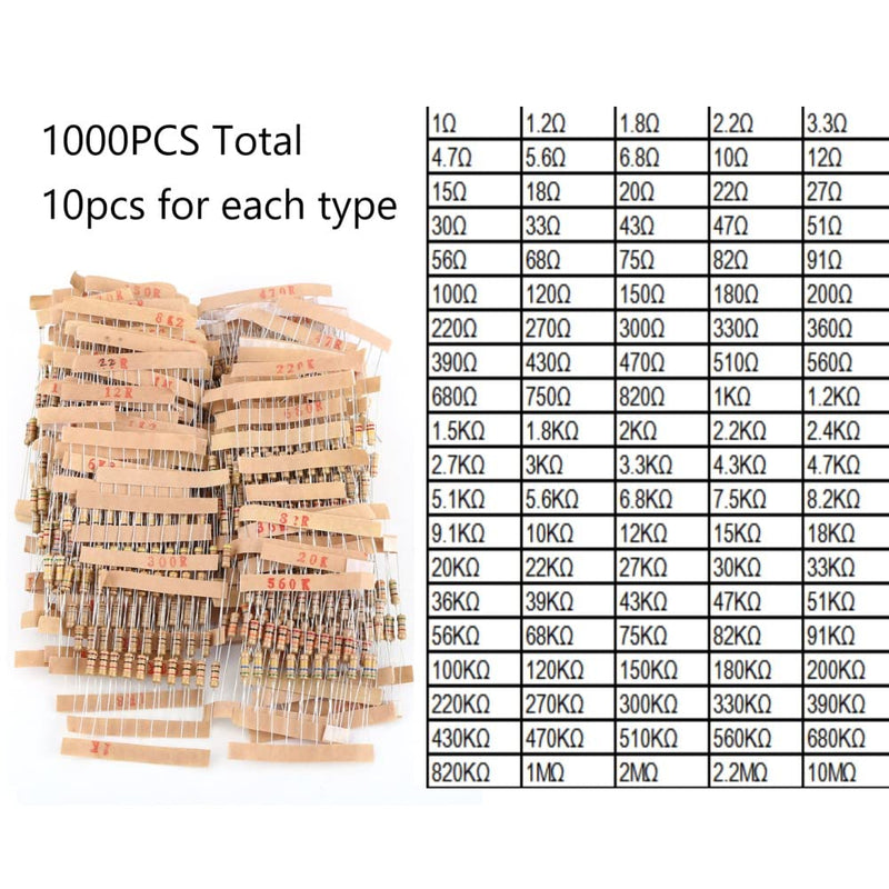 Resistor Kit, 1/2 Watt Resistors Kit, Resistors Assortment kit, 1000pcs 100 Values Carbon Film Resistor Assortment Kit 1-10M ohm