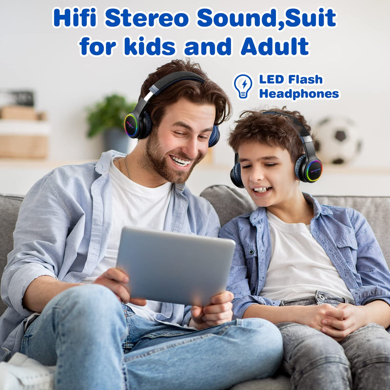 Kids Blutooth Headphones with mic, Colorful LED Lights, Stereo Sound, Bluetooth5.0, Foldable On-Ear Children Wireless/Wired Headphones Fit for Kids Teens Adults (Black&Blue) Blue