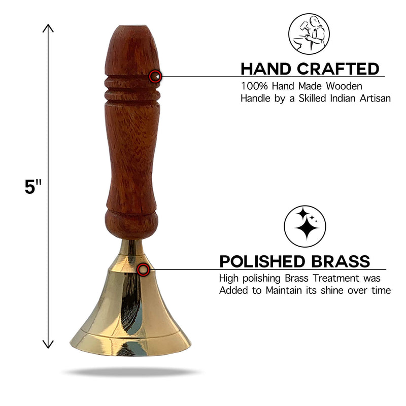 New Solid Brass 5" School Bell, Wooden Handle Hand Bell Multipurpose Call Service Bells (Single) Single