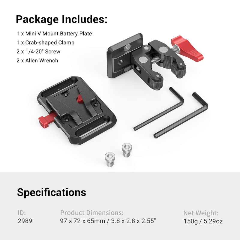 SMALLRIG Mini V-Lock Mount Battery Plate with Crab-Shaped Clamp - 2989